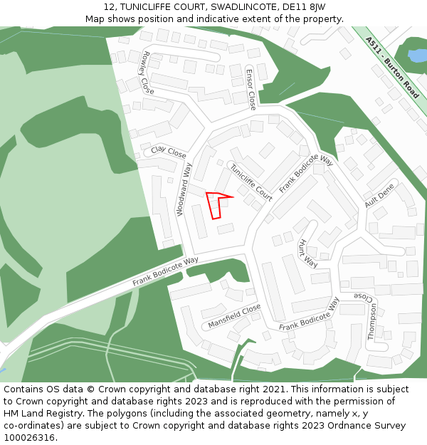 12, TUNICLIFFE COURT, SWADLINCOTE, DE11 8JW: Location map and indicative extent of plot