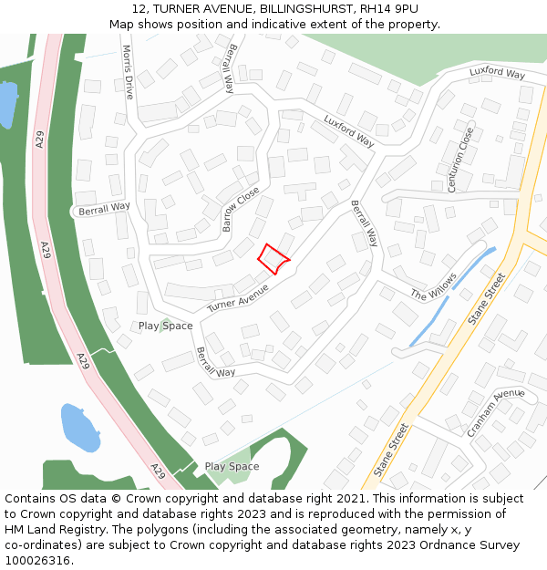 12, TURNER AVENUE, BILLINGSHURST, RH14 9PU: Location map and indicative extent of plot