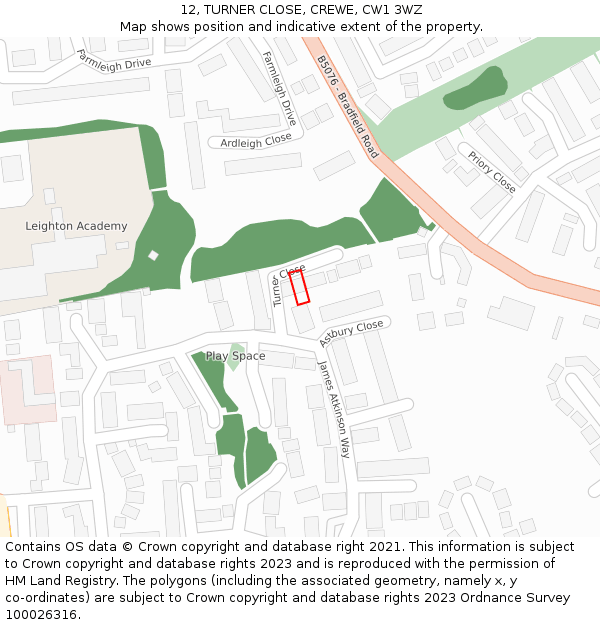 12, TURNER CLOSE, CREWE, CW1 3WZ: Location map and indicative extent of plot