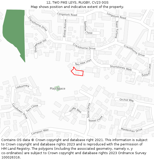 12, TWO PIKE LEYS, RUGBY, CV23 0GS: Location map and indicative extent of plot