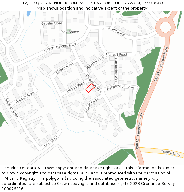 12, UBIQUE AVENUE, MEON VALE, STRATFORD-UPON-AVON, CV37 8WQ: Location map and indicative extent of plot