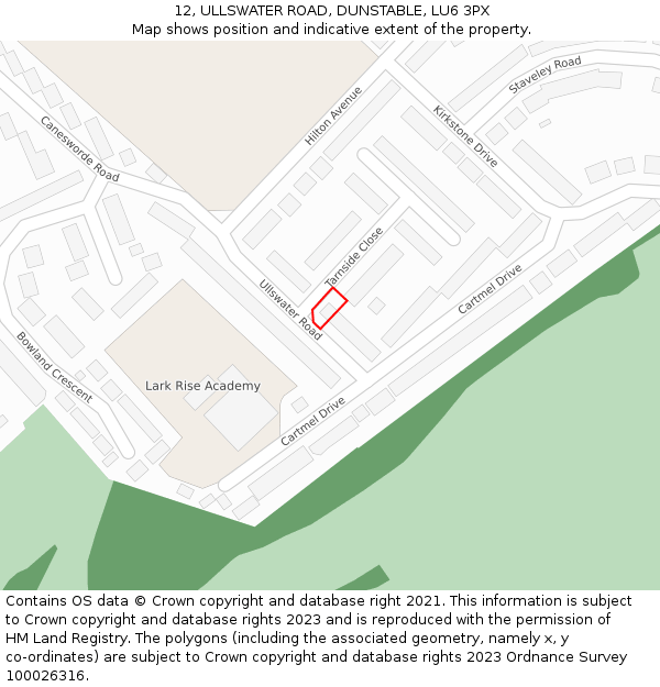 12, ULLSWATER ROAD, DUNSTABLE, LU6 3PX: Location map and indicative extent of plot