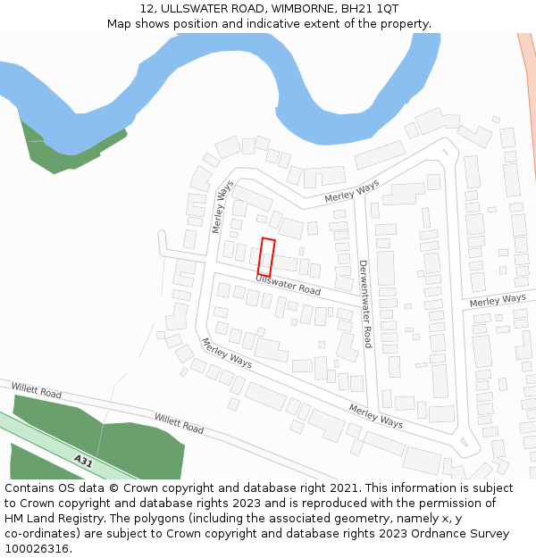 12, ULLSWATER ROAD, WIMBORNE, BH21 1QT: Location map and indicative extent of plot