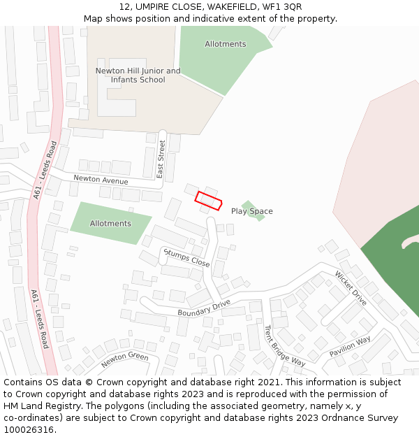 12, UMPIRE CLOSE, WAKEFIELD, WF1 3QR: Location map and indicative extent of plot