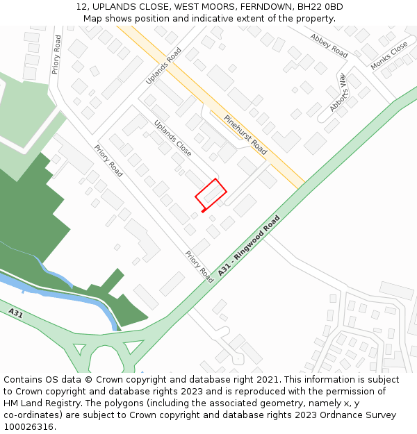 12, UPLANDS CLOSE, WEST MOORS, FERNDOWN, BH22 0BD: Location map and indicative extent of plot