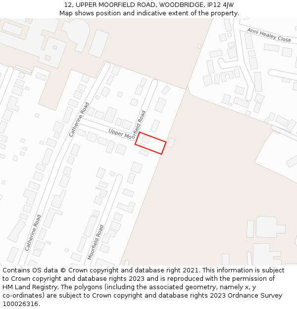 12, UPPER MOORFIELD ROAD, WOODBRIDGE, IP12 4JW: Location map and indicative extent of plot
