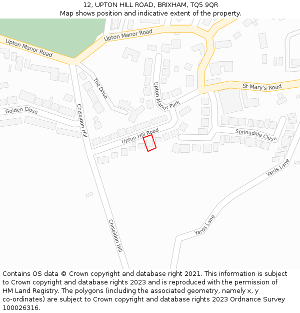 12, UPTON HILL ROAD, BRIXHAM, TQ5 9QR: Location map and indicative extent of plot