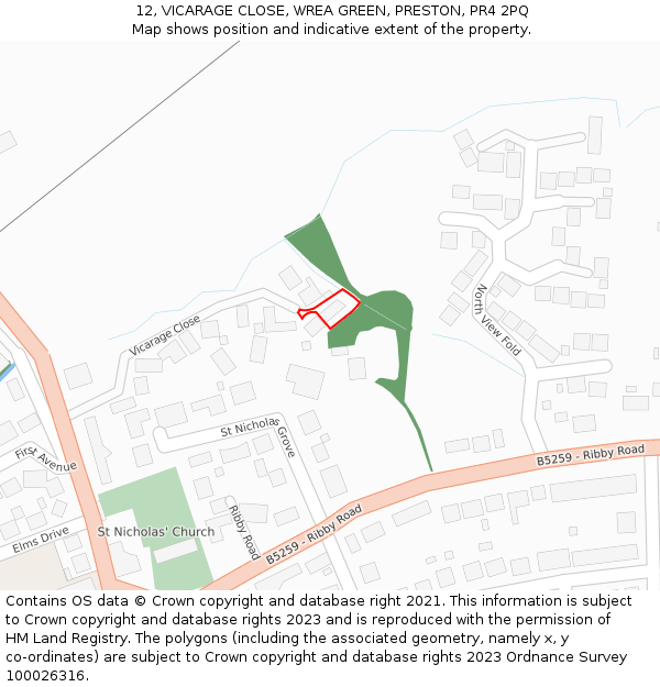 12, VICARAGE CLOSE, WREA GREEN, PRESTON, PR4 2PQ: Location map and indicative extent of plot