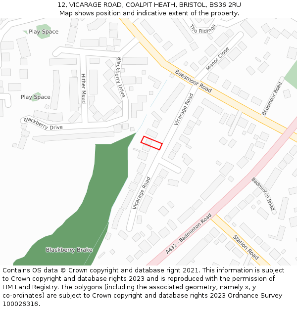 12, VICARAGE ROAD, COALPIT HEATH, BRISTOL, BS36 2RU: Location map and indicative extent of plot