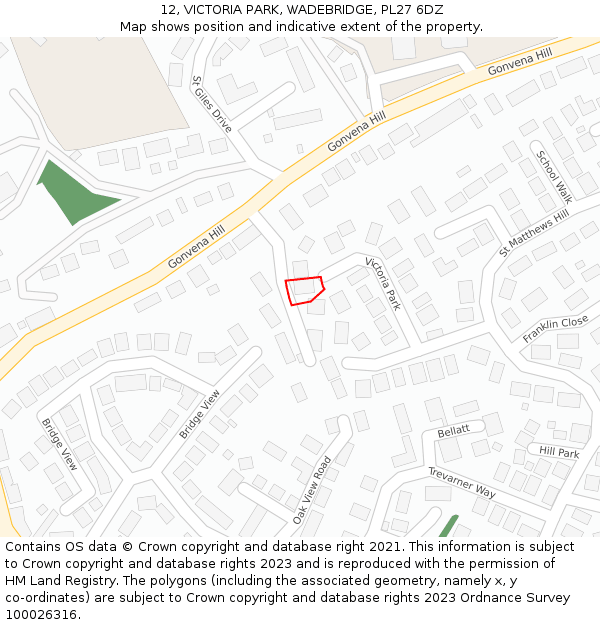 12, VICTORIA PARK, WADEBRIDGE, PL27 6DZ: Location map and indicative extent of plot