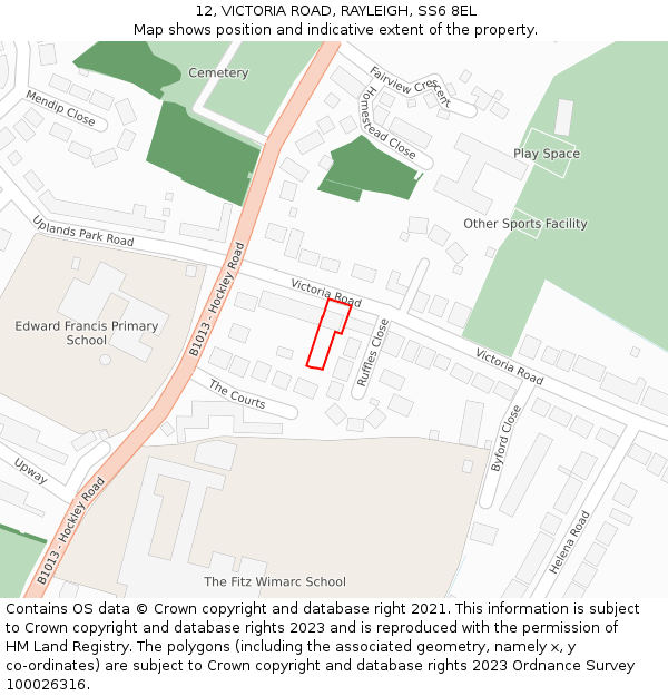 12, VICTORIA ROAD, RAYLEIGH, SS6 8EL: Location map and indicative extent of plot