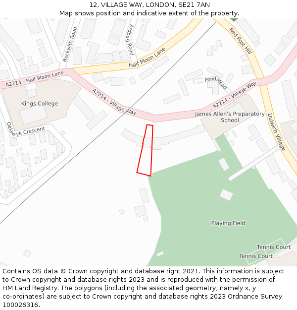 12, VILLAGE WAY, LONDON, SE21 7AN: Location map and indicative extent of plot