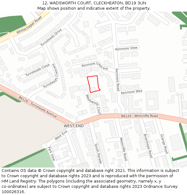 12, WADSWORTH COURT, CLECKHEATON, BD19 3UN: Location map and indicative extent of plot