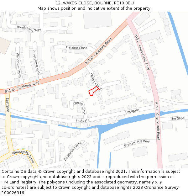 12, WAKES CLOSE, BOURNE, PE10 0BU: Location map and indicative extent of plot