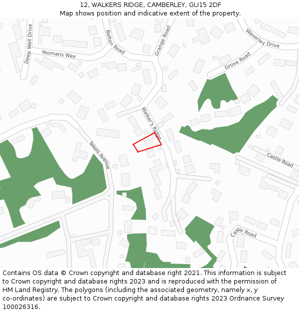 12, WALKERS RIDGE, CAMBERLEY, GU15 2DF: Location map and indicative extent of plot