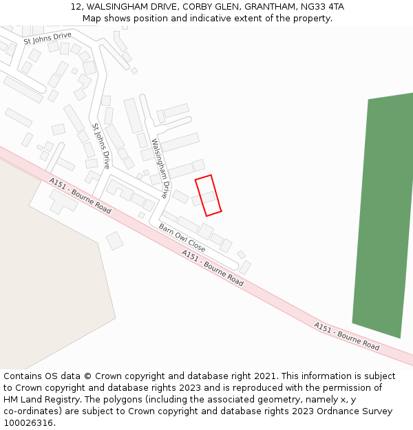 12, WALSINGHAM DRIVE, CORBY GLEN, GRANTHAM, NG33 4TA: Location map and indicative extent of plot