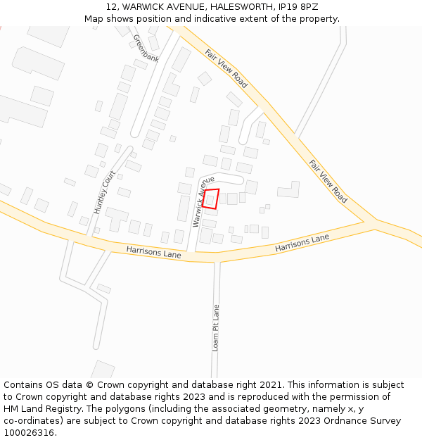 12, WARWICK AVENUE, HALESWORTH, IP19 8PZ: Location map and indicative extent of plot