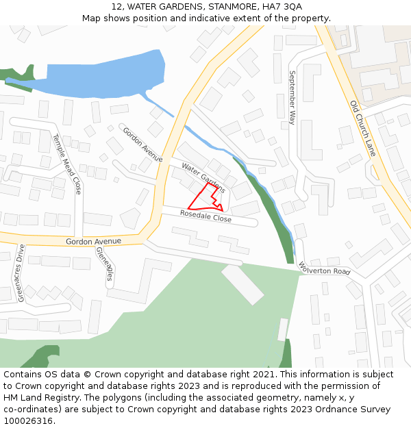 12, WATER GARDENS, STANMORE, HA7 3QA: Location map and indicative extent of plot