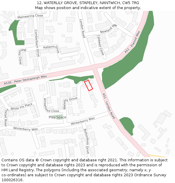 12, WATERLILY GROVE, STAPELEY, NANTWICH, CW5 7RG: Location map and indicative extent of plot