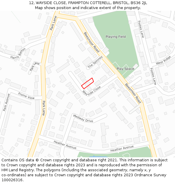 12, WAYSIDE CLOSE, FRAMPTON COTTERELL, BRISTOL, BS36 2JL: Location map and indicative extent of plot