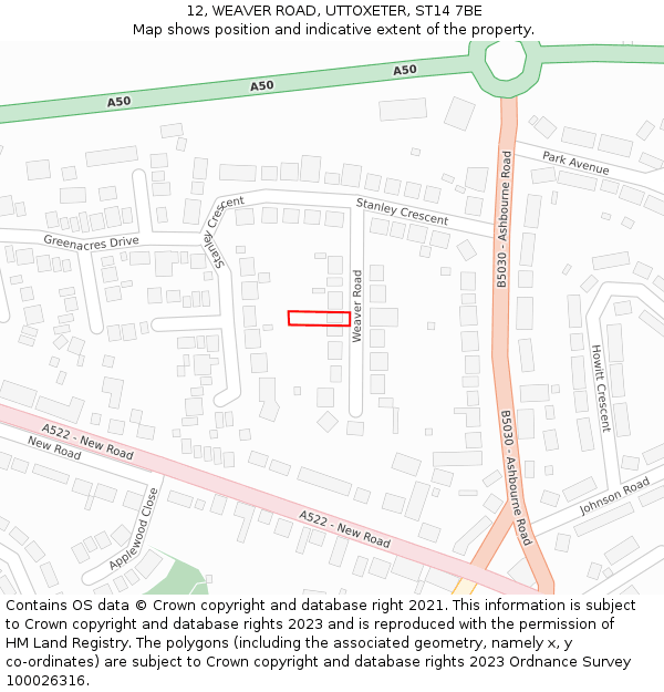 12, WEAVER ROAD, UTTOXETER, ST14 7BE: Location map and indicative extent of plot