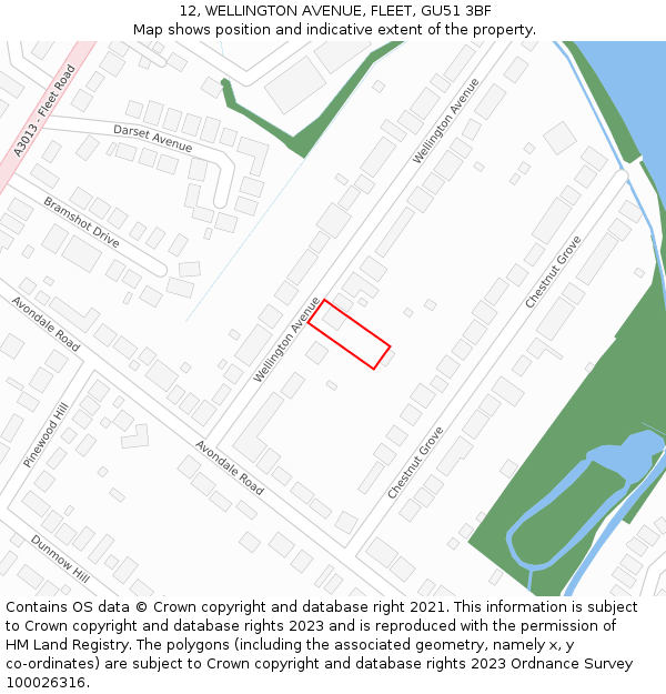 12, WELLINGTON AVENUE, FLEET, GU51 3BF: Location map and indicative extent of plot