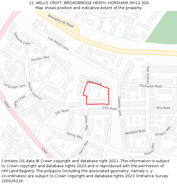 12, WELLS CROFT, BROADBRIDGE HEATH, HORSHAM, RH12 3GX: Location map and indicative extent of plot