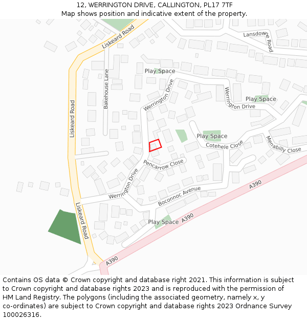 12, WERRINGTON DRIVE, CALLINGTON, PL17 7TF: Location map and indicative extent of plot