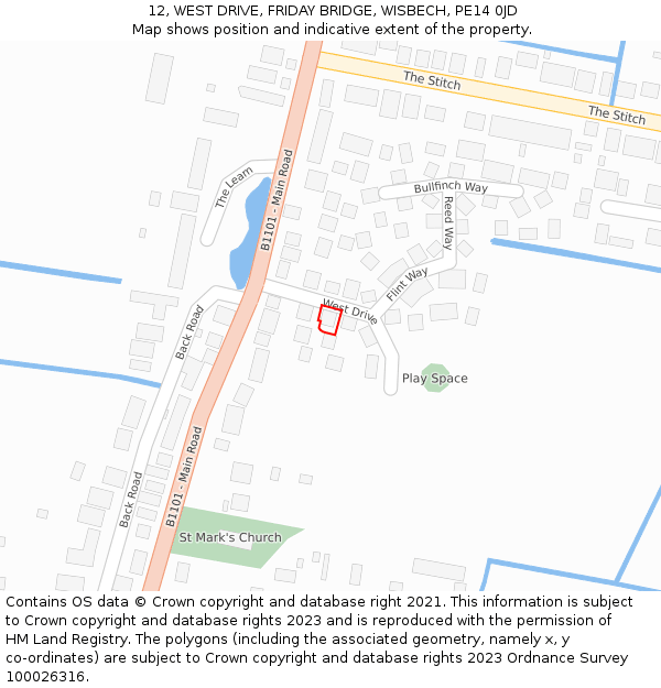 12, WEST DRIVE, FRIDAY BRIDGE, WISBECH, PE14 0JD: Location map and indicative extent of plot