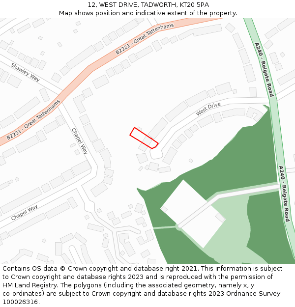 12, WEST DRIVE, TADWORTH, KT20 5PA: Location map and indicative extent of plot