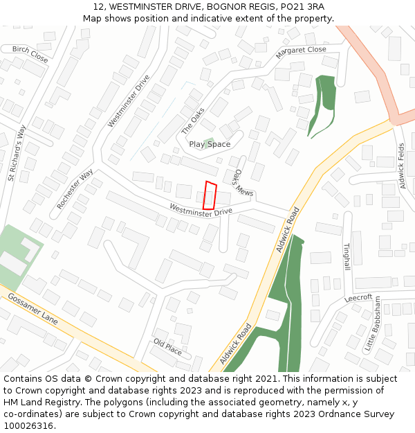 12, WESTMINSTER DRIVE, BOGNOR REGIS, PO21 3RA: Location map and indicative extent of plot