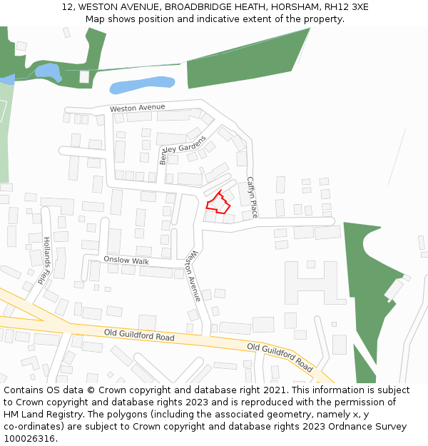 12, WESTON AVENUE, BROADBRIDGE HEATH, HORSHAM, RH12 3XE: Location map and indicative extent of plot