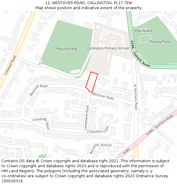 12, WESTOVER ROAD, CALLINGTON, PL17 7EW: Location map and indicative extent of plot