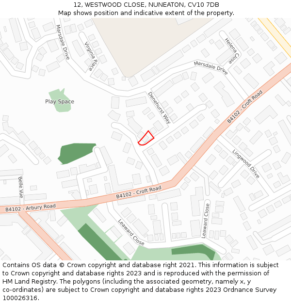 12, WESTWOOD CLOSE, NUNEATON, CV10 7DB: Location map and indicative extent of plot