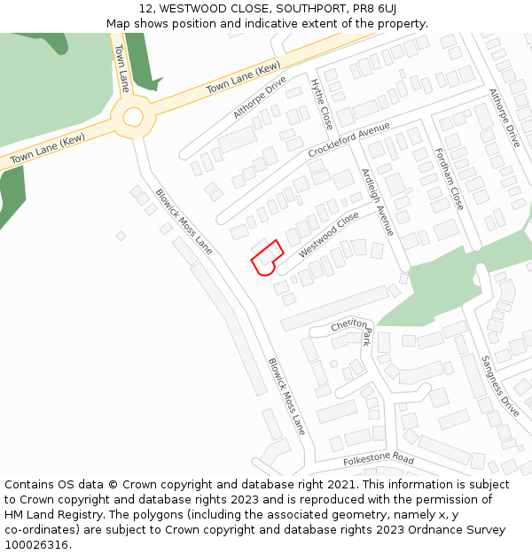 12, WESTWOOD CLOSE, SOUTHPORT, PR8 6UJ: Location map and indicative extent of plot