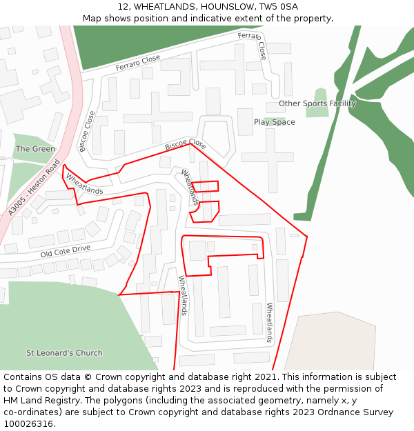 12, WHEATLANDS, HOUNSLOW, TW5 0SA: Location map and indicative extent of plot