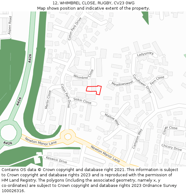 12, WHIMBREL CLOSE, RUGBY, CV23 0WG: Location map and indicative extent of plot