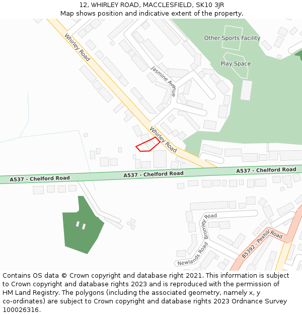 12, WHIRLEY ROAD, MACCLESFIELD, SK10 3JR: Location map and indicative extent of plot