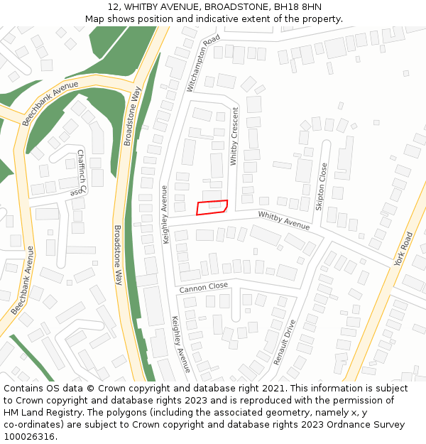 12, WHITBY AVENUE, BROADSTONE, BH18 8HN: Location map and indicative extent of plot