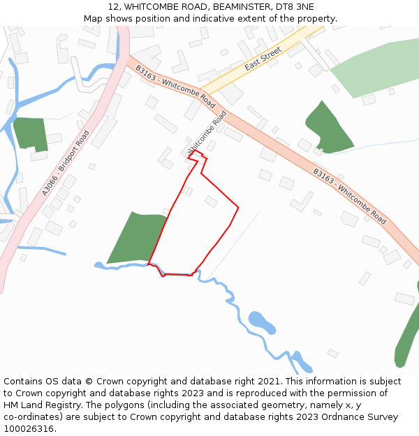 12, WHITCOMBE ROAD, BEAMINSTER, DT8 3NE: Location map and indicative extent of plot