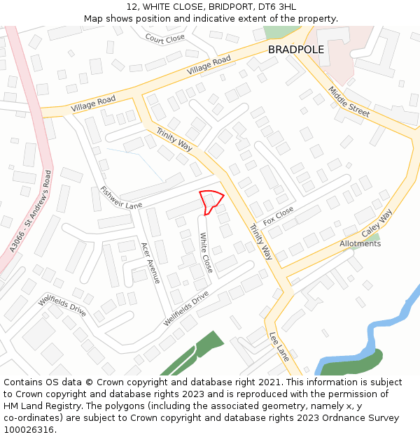 12, WHITE CLOSE, BRIDPORT, DT6 3HL: Location map and indicative extent of plot