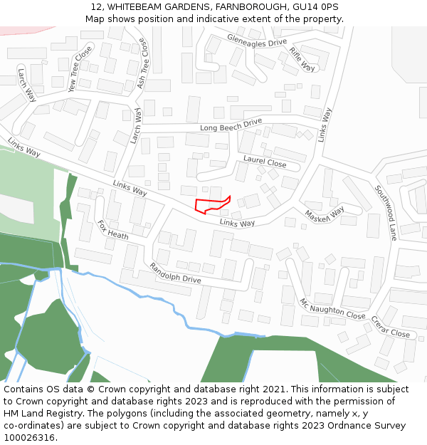 12, WHITEBEAM GARDENS, FARNBOROUGH, GU14 0PS: Location map and indicative extent of plot