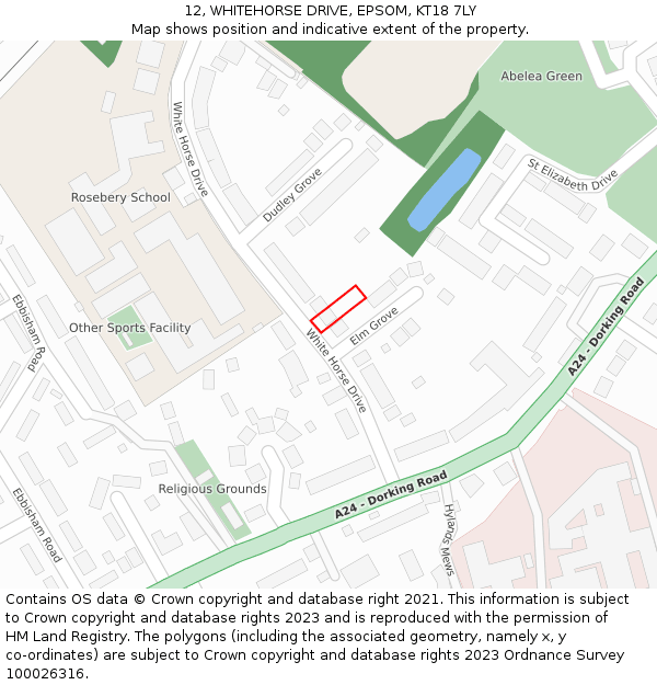 12, WHITEHORSE DRIVE, EPSOM, KT18 7LY: Location map and indicative extent of plot