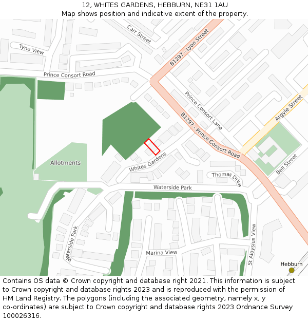 12, WHITES GARDENS, HEBBURN, NE31 1AU: Location map and indicative extent of plot