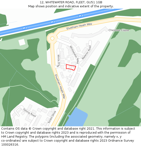 12, WHITEWATER ROAD, FLEET, GU51 1GB: Location map and indicative extent of plot