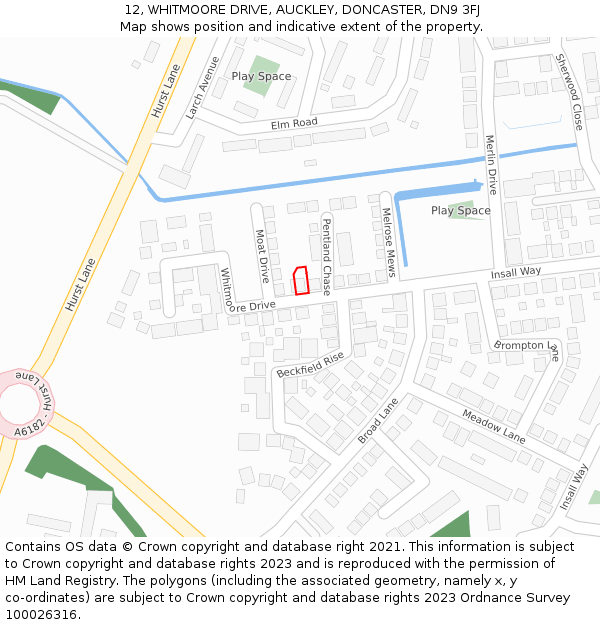 12, WHITMOORE DRIVE, AUCKLEY, DONCASTER, DN9 3FJ: Location map and indicative extent of plot