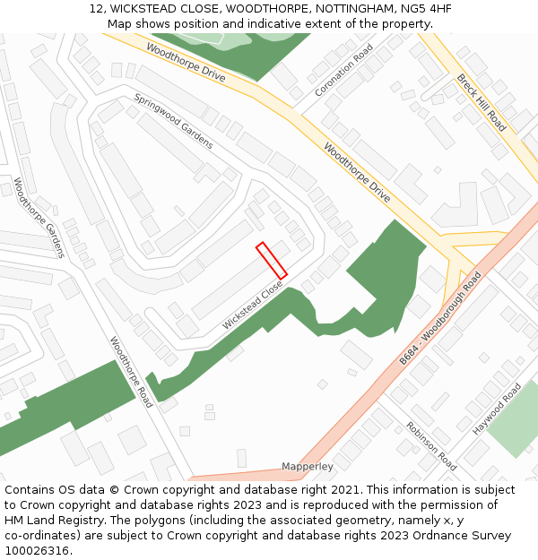 12, WICKSTEAD CLOSE, WOODTHORPE, NOTTINGHAM, NG5 4HF: Location map and indicative extent of plot