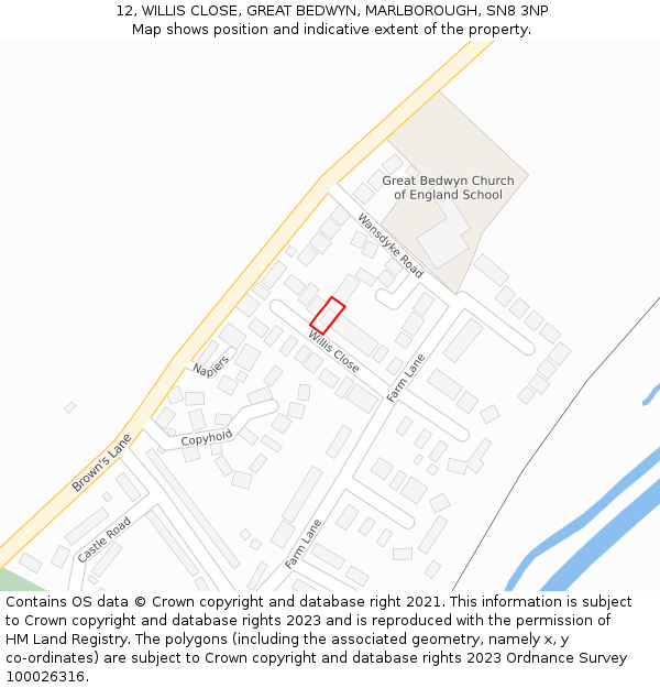 12, WILLIS CLOSE, GREAT BEDWYN, MARLBOROUGH, SN8 3NP: Location map and indicative extent of plot