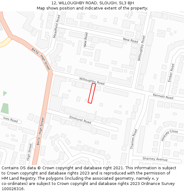 12, WILLOUGHBY ROAD, SLOUGH, SL3 8JH: Location map and indicative extent of plot