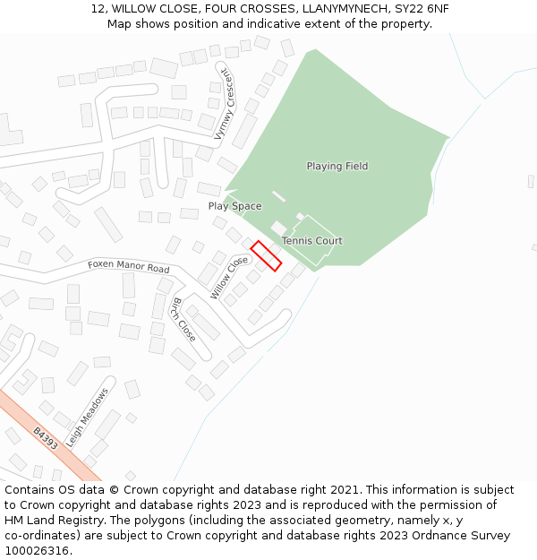 12, WILLOW CLOSE, FOUR CROSSES, LLANYMYNECH, SY22 6NF: Location map and indicative extent of plot